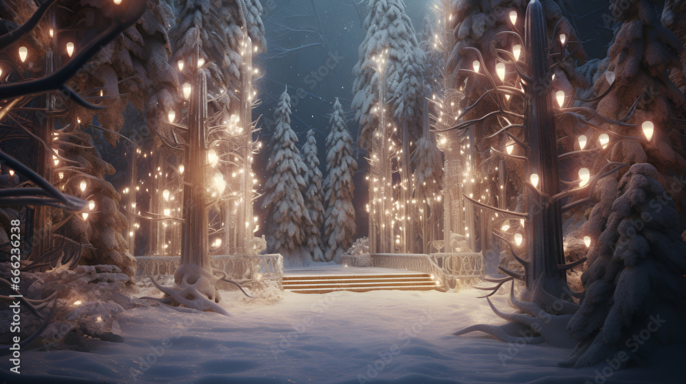 Fabulous winter forest with spruce and pine trees covered with snow with bright garlands, against the background of the night sky. New Year card. Fabulous winter forest with spruce and pine trees covered with snow with bright garlands, against the background of the night sky. New Year card.