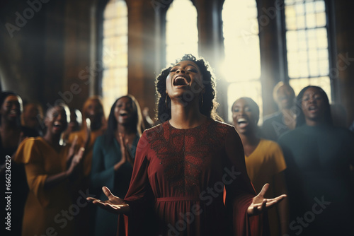 A soulful gospel choir performance in a historic church, love and creativity with copy space