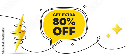 Get Extra 80 percent off Sale. Continuous line art banner. Discount offer price sign. Special offer symbol. Save 80 percentages. Extra discount speech bubble background. Wrapped 3d energy icon. Vector