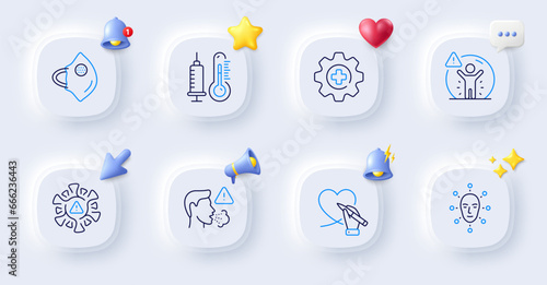 Social care, Face biometrics and Social distance line icons. Buttons with 3d bell, chat speech, cursor. Pack of Thermometer, Medicine, Cough icon. Medical mask, Coronavirus pictogram. Vector