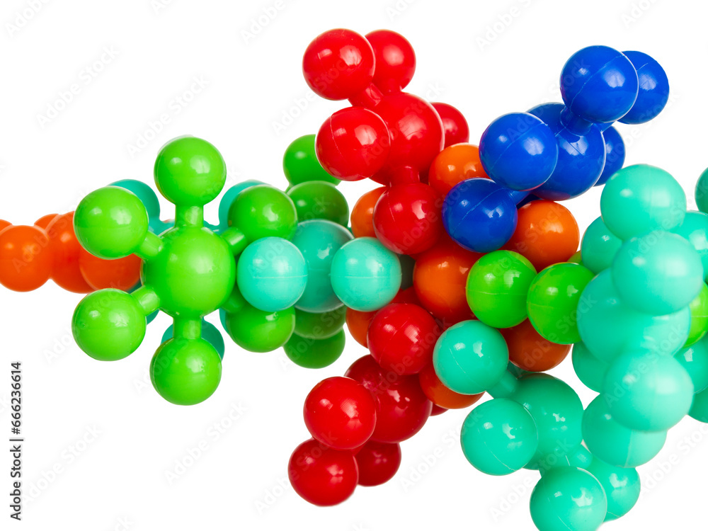 Plastic model of chemical elements of protein molecules, isolated on white background Plastic model of chemical elements of protein molecules, isolated on white background