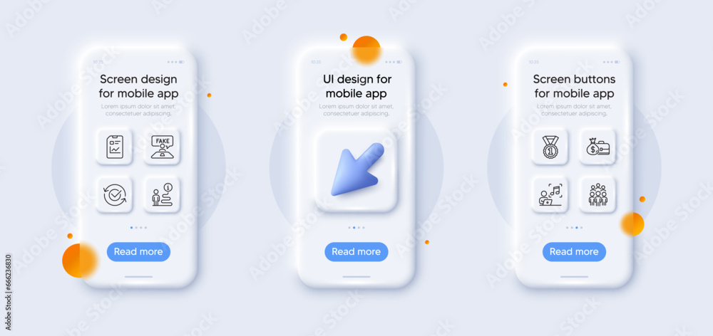 Music, Support and Approved line icons pack. 3d phone mockups with cursor. Glass smartphone screen. Best rank, Report document, Fake review web icon. Salary, Group people pictogram. Vector Music, Support and Approved line icons pack. 3d phone mockups with cursor. Glass smartphone screen. Best rank, Report document, Fake review web icon. Salary, Group people pictogram. Vector