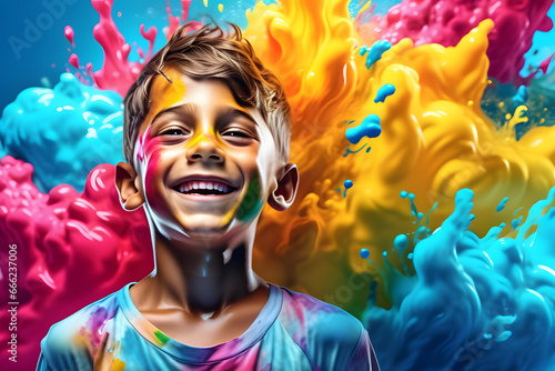 Happy laughing boy enjoy playing with colorful paint. Funny and creative moment of children.