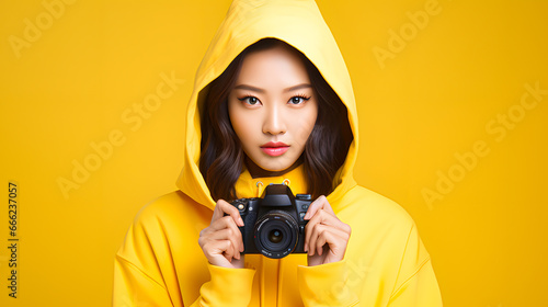Japanese young woman with a camera on yellow background