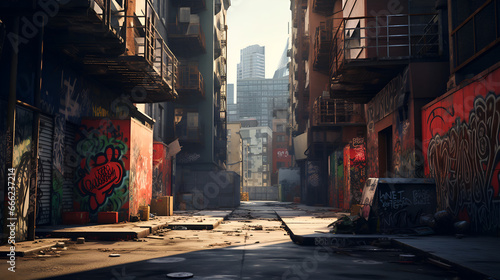 A clandestine enclave ensconced in the city's heart, defined by towering skyscrapers that loom overhead, casting ominous shadows onto the labyrinthine network of narrow alleyways. AI generative. © Mr