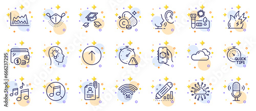 Outline set of 5g wifi, Attention and Microphone line icons for web app. Include Cloud network, Interview documents, Throw hats pictogram icons. Cloudy weather, Covid test, Medical mask signs. Vector