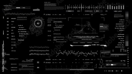 HUD technological infographic elements.HUD 2GFX Technology Sci Fi 2D texture.User Interface data display. AI robotic arm.