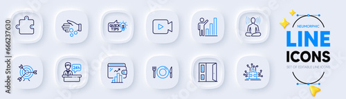 Food, Wallet and Yoga line icons for web app. Pack of Target, Puzzle, Reception desk pictogram icons. Open door, Donation money, Video camera signs. Education idea, Puzzle options, Graph chart. Vector