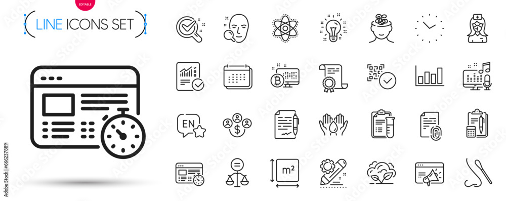 Pack of Calendar, Project edit and Chemistry atom line icons. Include Chemistry lab, Anxiety, Checked calculation pictogram icons. Idea, Web timer, Face search signs. Square area. Vector Pack of Calendar, Project edit and Chemistry atom line icons. Include Chemistry lab, Anxiety, Checked calculation pictogram icons. Idea, Web timer, Face search signs. Square area. Vector