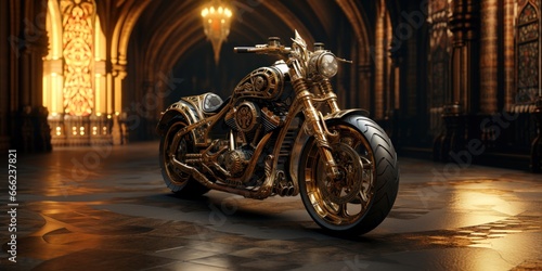 Chopper motorcycle art, custom biker motobike, cathedral setting, biker exhibit, chrome throttle, golden emblem, decoration, embellishment, generative AI, JPG