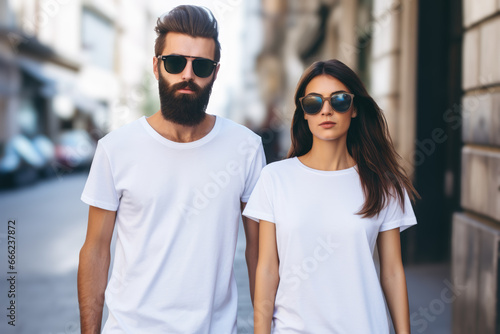 Two young man and woman, couple in sunglasses wearing white t-shirt and sunglasses walking in street. Tshirt mockup for design