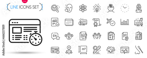 Pack of Calendar, Project edit and Chemistry atom line icons. Include Chemistry lab, Anxiety, Checked calculation pictogram icons. Idea, Web timer, Face search signs. Square area. Vector