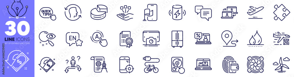 Fototapeta premium Consolidation, Phone photo and Computer fan line icons pack. Quick tips, Cashback, Web inventory web icon. English, Dots message, Refrigerator pictogram. Face id, Recovery hdd, Qr code. Vector