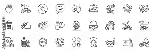 Icons pack as Sunscreen, Car travel and Yummy smile line icons for app include Sun protection, Airplane travel, Gas grill outline thin icon web set. Fish school, Bike, Santa boots pictogram. Vector