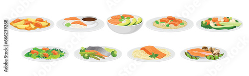 Tasty Salmon Fish Dish Served on Plate Vector Set