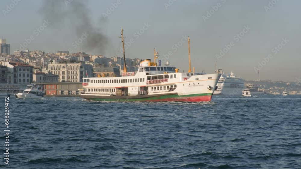 Tourist steamboat sailing on sea voyage emits black smoke. Tourist steamboat sailing on sea voyage emits black smoke.