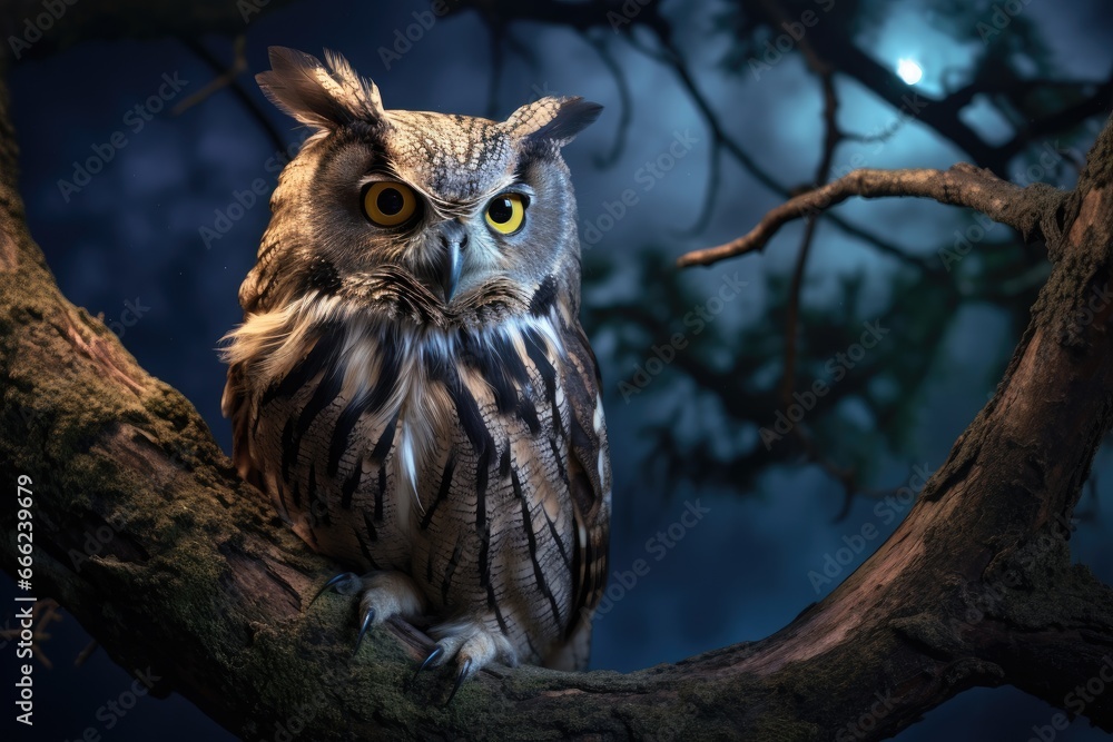 Wise owl perched on a tree branch. Generative AI Wise owl perched on a tree branch. Generative AI