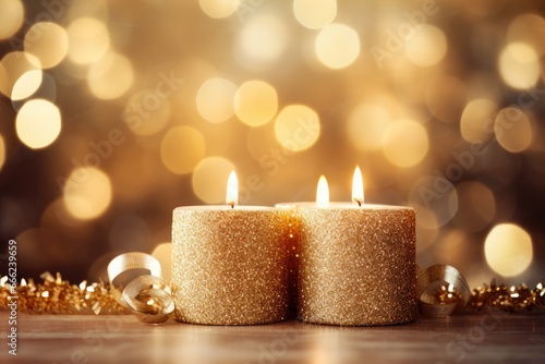 Christmas card with holiday mood. Festive burning candles. Generative AI