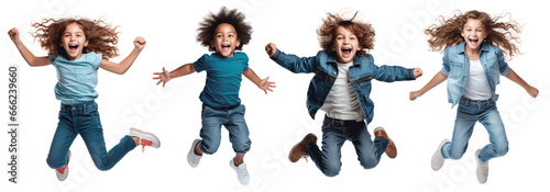 A set of cheerful young kids celebrating, isolated in transparent PNG format – a full-length studio portrait of kids jumping, laughing, and brimming with joy against a pristine white background. photo