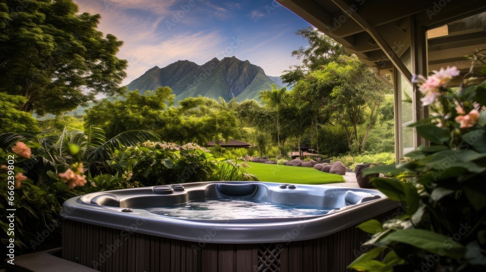 Luxury hot tub outdoor wiht mountain. Generative AI Luxury hot tub outdoor wiht mountain. Generative AI