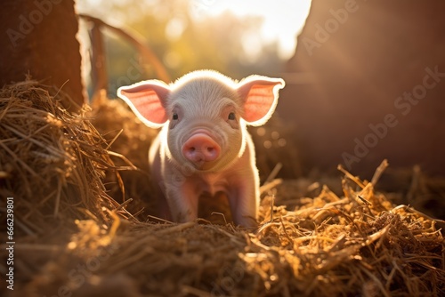 Young piglet on hay and straw at pig breeding farm. Generative AI