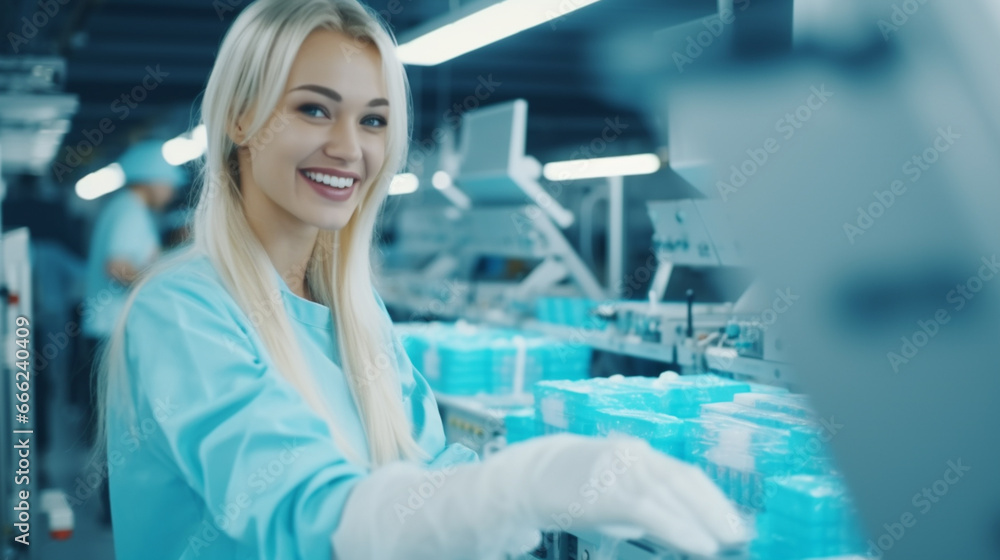 Blonde Woman Smiles in Factory Setting with Blue Aesthetic Blonde Woman Smiles in Factory Setting with Blue Aesthetic