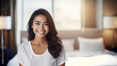 Young, Smiling Asian Woman in Bedroom