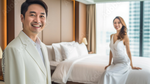 Smiling Asian Man in White Suit Enjoys Hotel Room © wetzkaz