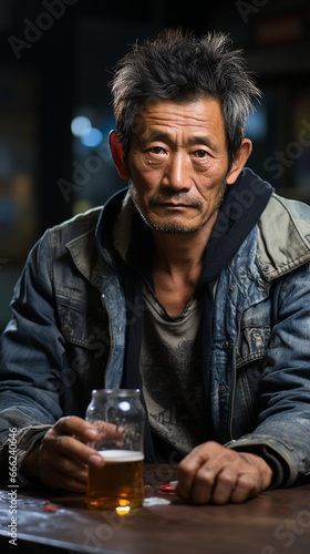 Photo of aged beard sad man drinking alcohol alone, sitting on a old unkempt house. AI Generative © Elena