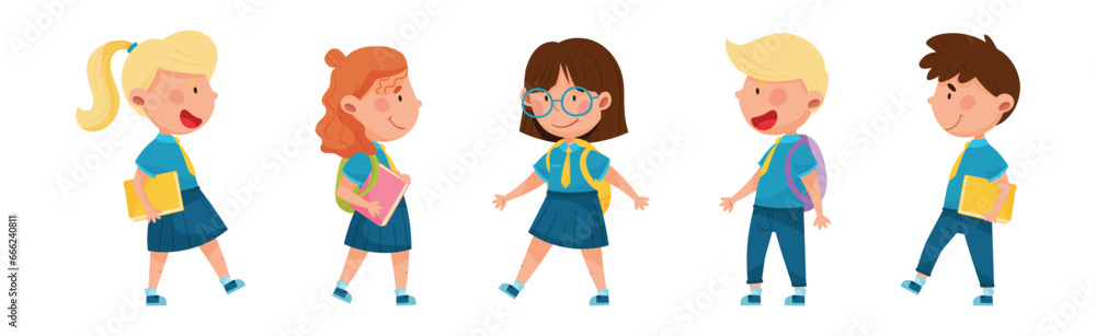 Cute Schoolkid Characters in Blue Uniform Going to School Vector Set Cute Schoolkid Characters in Blue Uniform Going to School Vector Set