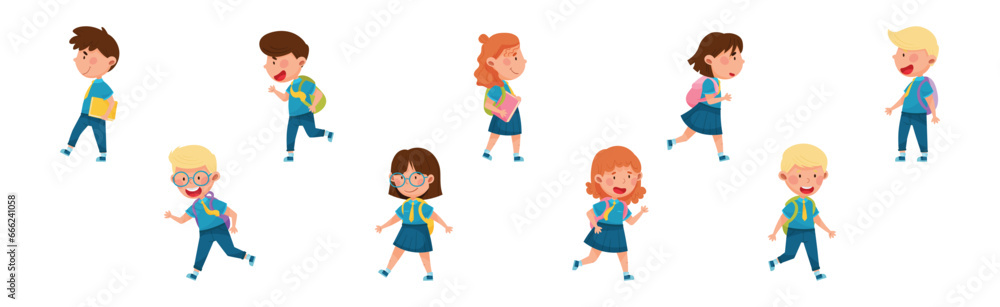 Cute Schoolkid Characters in Blue Uniform Going to School Vector Set Cute Schoolkid Characters in Blue Uniform Going to School Vector Set