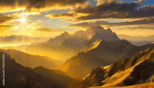 Serene Sunrise Over Majestic Peaks A Tranquil Skyscape Mountain Panorama