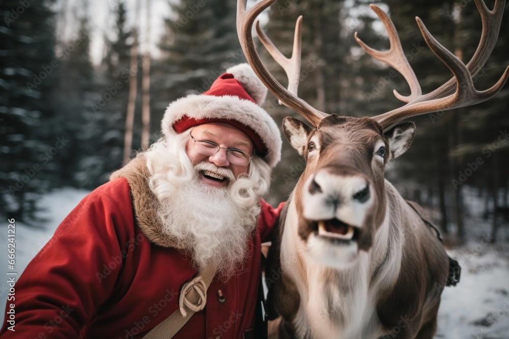 Santa Claus taking a photo with his reindeer Santa Claus taking a photo with his reindeer