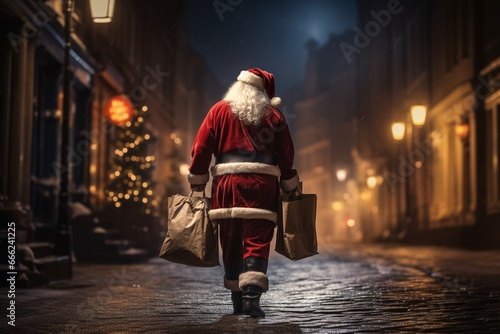 Santa Claus walking down an empty street carrying big sacks full of presents