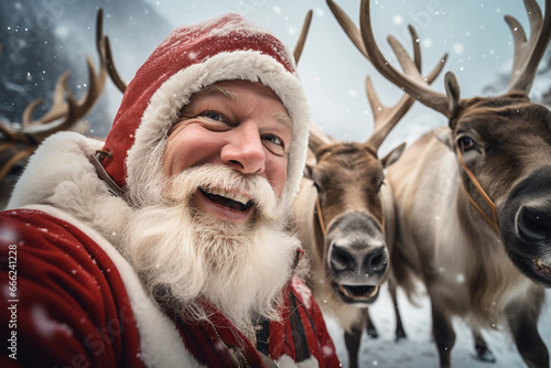 Santa Claus taking a photo to himself and his reindeer