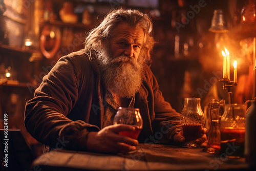 Photo of aged beard sad man drinking alcohol alone, sitting on a old unkempt house. AI Generative