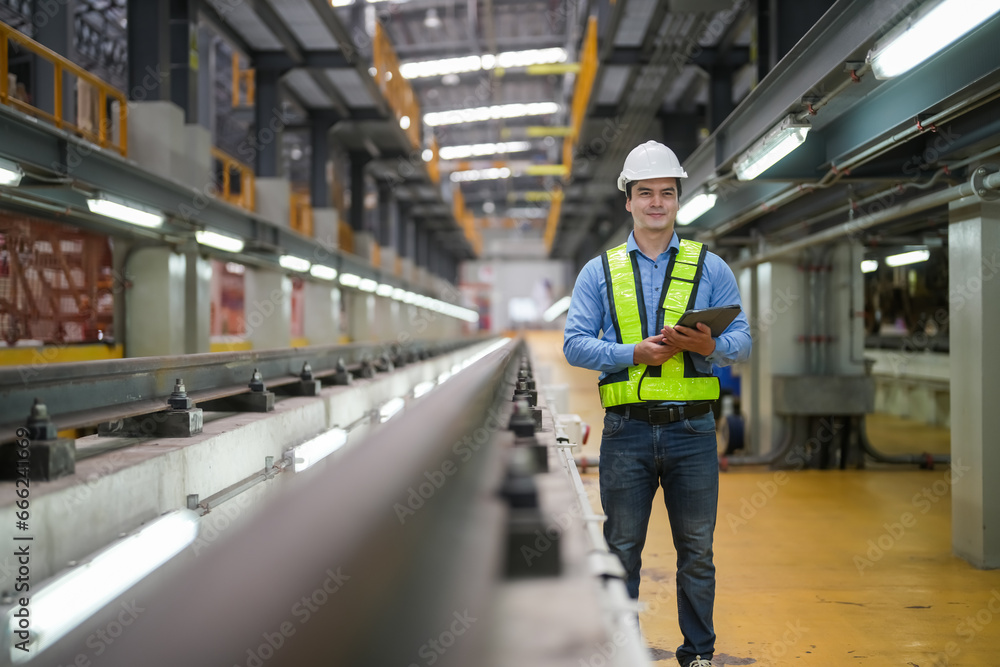 Portrait of apprentice under train in railway engineering facility