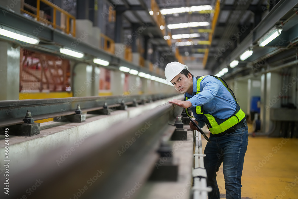 Portrait of apprentice under train in railway engineering facility Portrait of apprentice under train in railway engineering facility