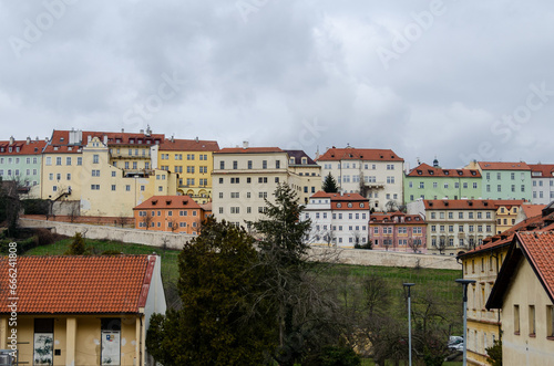 The view of historical buildings in Uvoz Street and the Saint John Vineyard in Hradcany, Prague, the Czech Republic