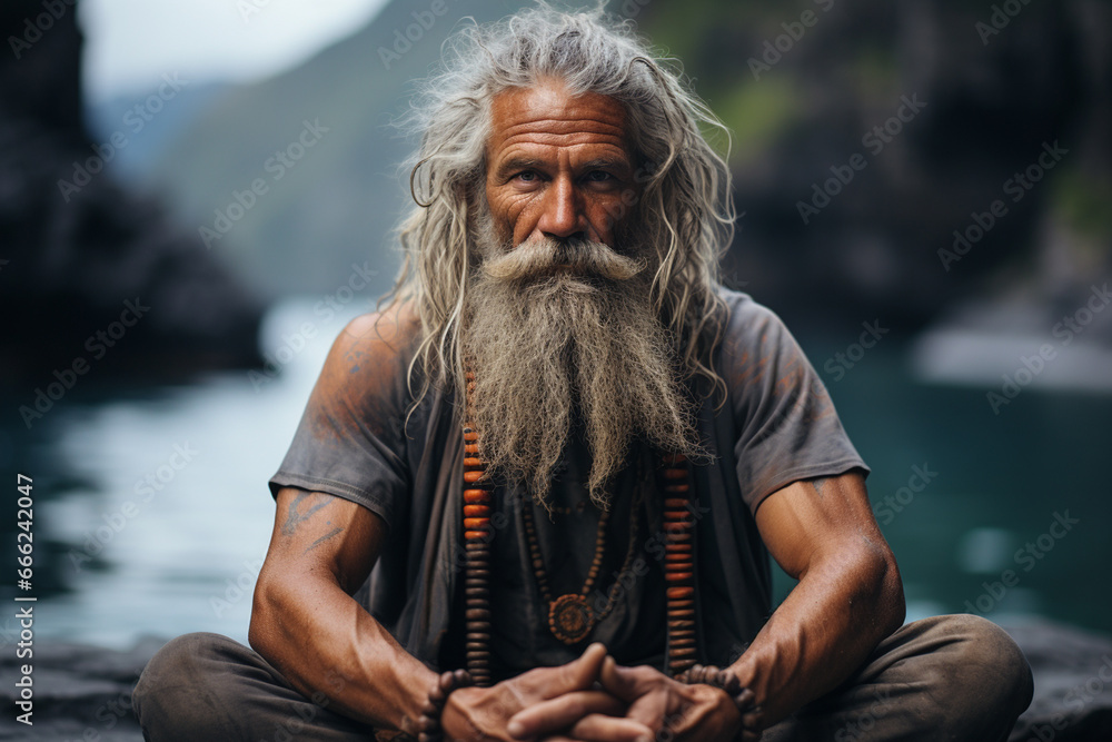 Senior yoga guru man with white beard and tattoo sitting in meditating, mindful living and healthy wellbeing concept. AI generative - obrazy, fototapety, plakaty 