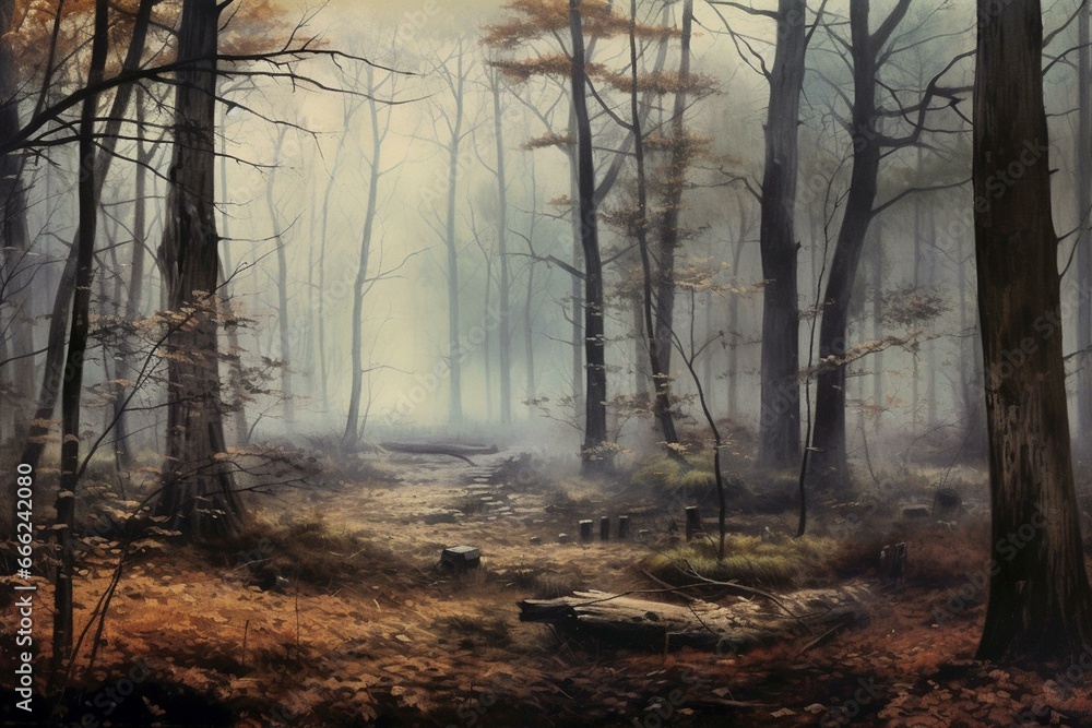 Misty woods, panoramic view. Generative AI