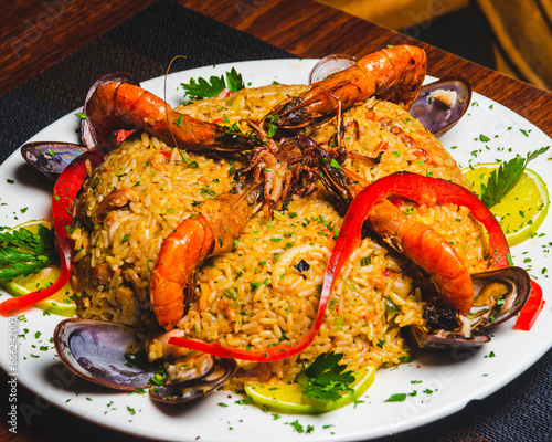 Paella española o arroz con mariscos photo