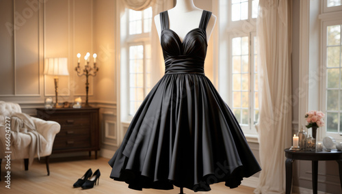 Women's wardrobe. Fashion and style. A black luxury dress hangs on a hanger. White light bedroom.