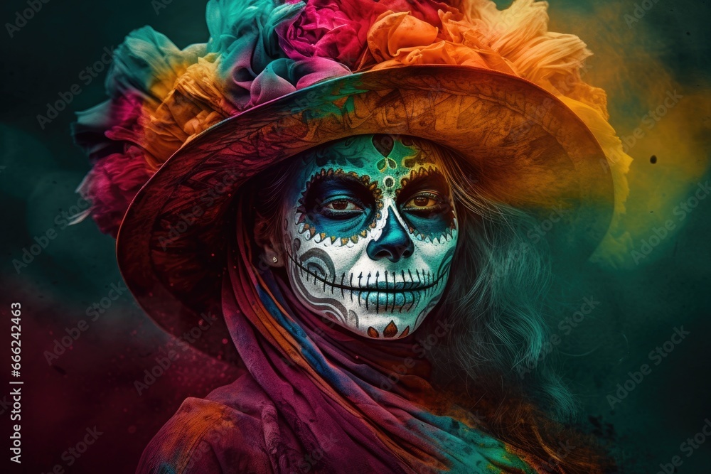 Portrait of a Catrina amidst Dia de los Muertos mexican's celebration taking place on Halloween