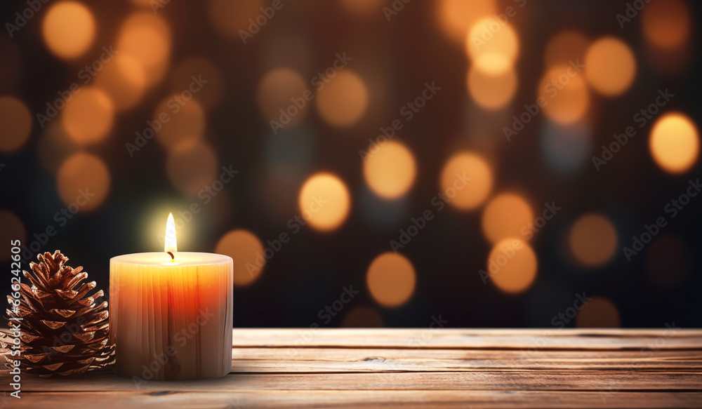 Christmas decoration with lit candle on rustic wooden table and bokeh background. AI generated Christmas decoration with lit candle on rustic wooden table and bokeh background. AI generated