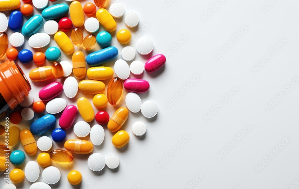 Pills spilling out of pill bottle on white background with copy space. The pills spilled out of the bottle. Medical Concept. Background with copy space. Healthcare. 