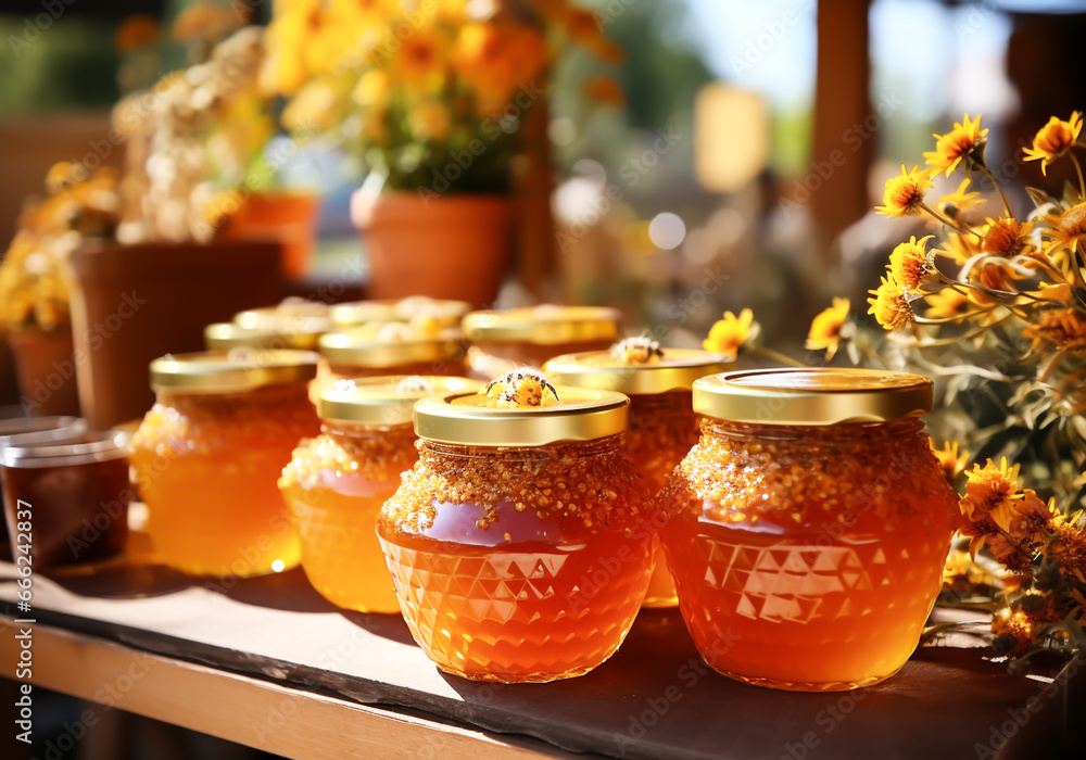 Honey and beeswax products on display for sale. Healthy food concept. AI generated Honey and beeswax products on display for sale. Healthy food concept. AI generated