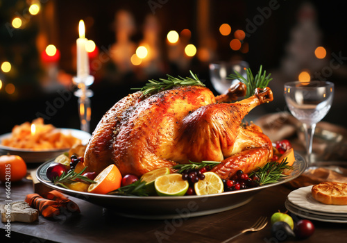 Roast turkey for Christmas dinner or Thanksgiving day dinner. AI generated