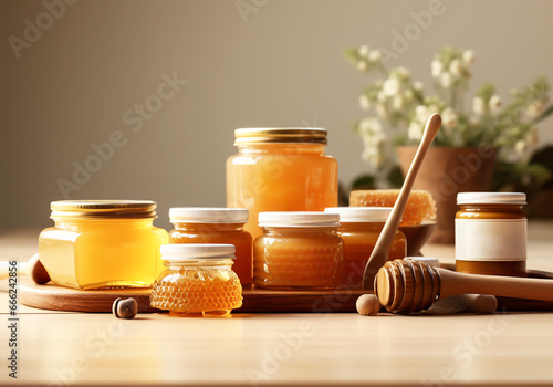Honey and beeswax products on display for sale. Healthy food concept. AI generated