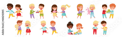 Friendly and Hostile Kids Playing Together Vector Illustration Set